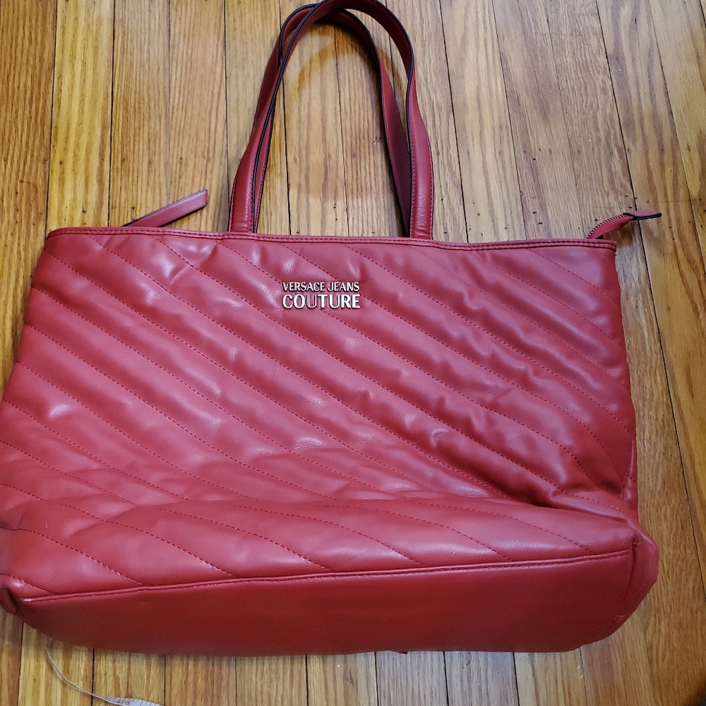Versace AuthenticJeans Couture Faux Leather Quilted Red Tote Shoulder Bag Womens
